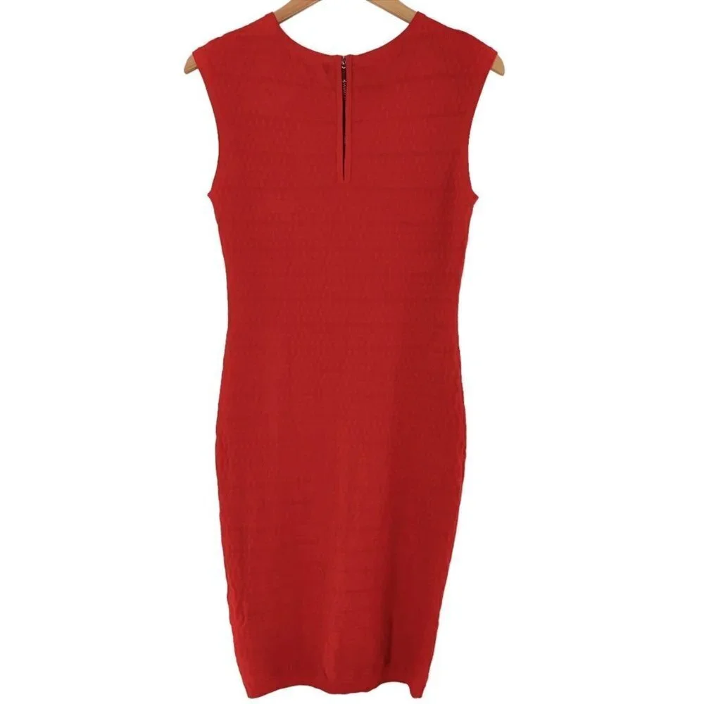 KAREN MILLEN Tomato Red Dot Texture Knit Sleeveless Sheath Dress Size 3/L